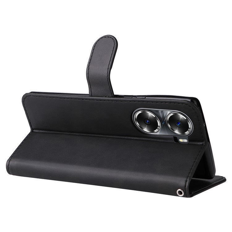Drop Proof PU Leather Zippered Pocket Phone Case Coin Holder Wallet Stand Folding Case for Honor 60 - Black