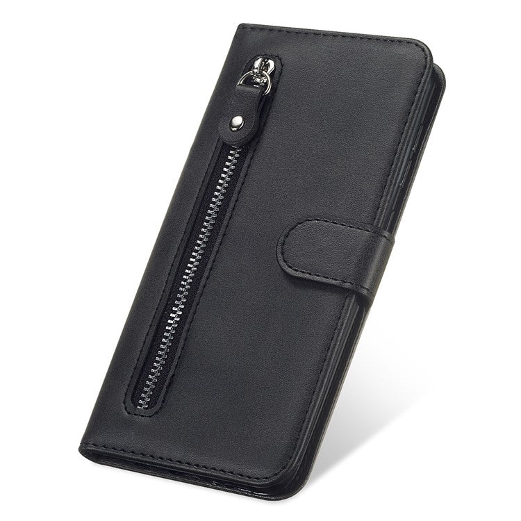 Drop Proof PU Leather Zippered Pocket Phone Case Coin Holder Wallet Stand Folding Case for Honor 60 - Black