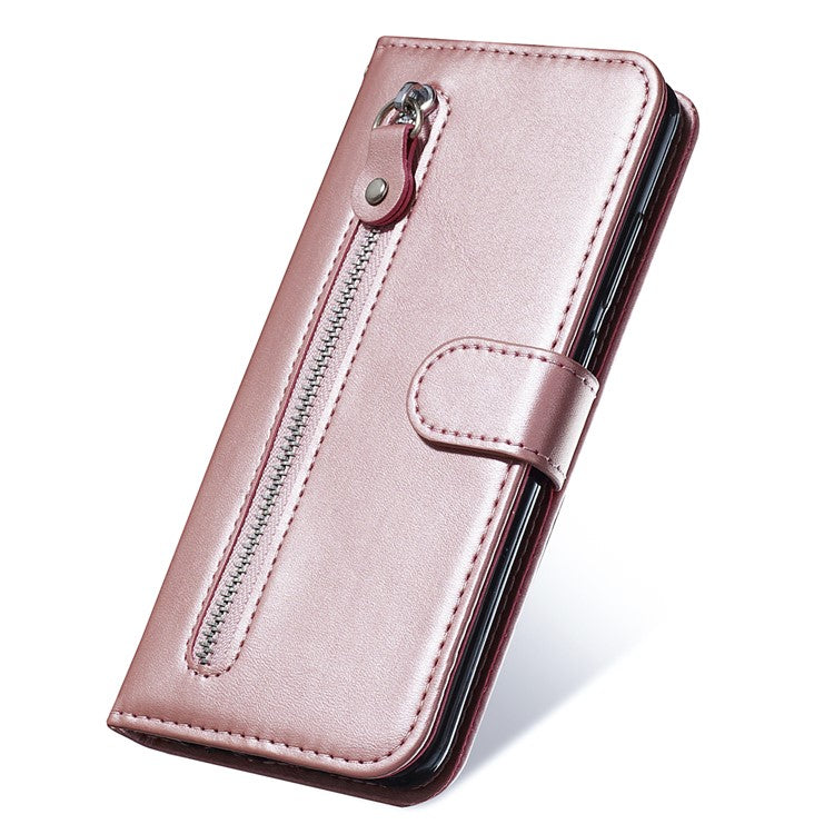 Drop Proof PU Leather Zippered Pocket Phone Case Coin Holder Wallet Stand Folding Case for Honor 60 - Rose Gold