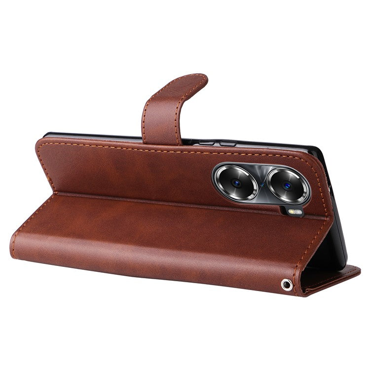 Drop Proof PU Leather Zippered Pocket Phone Case Coin Holder Wallet Stand Folding Case for Honor 60 - Brown