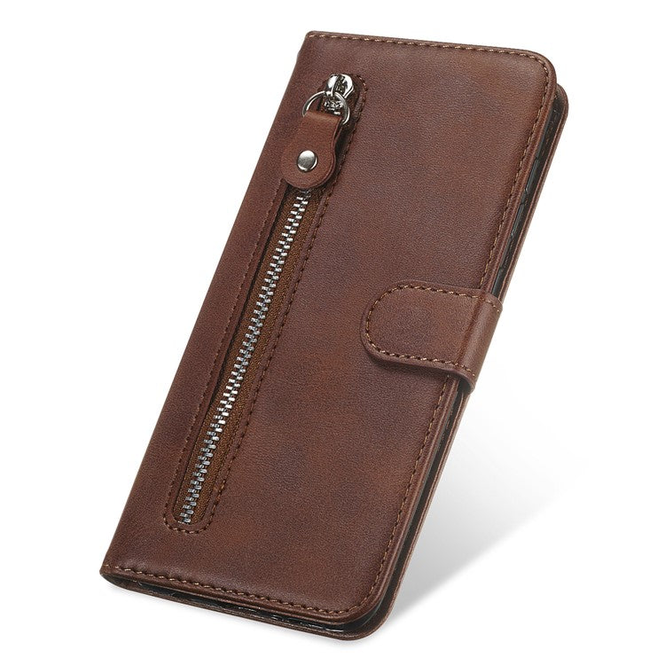 Drop Proof PU Leather Zippered Pocket Phone Case Coin Holder Wallet Stand Folding Case for Honor 60 - Brown