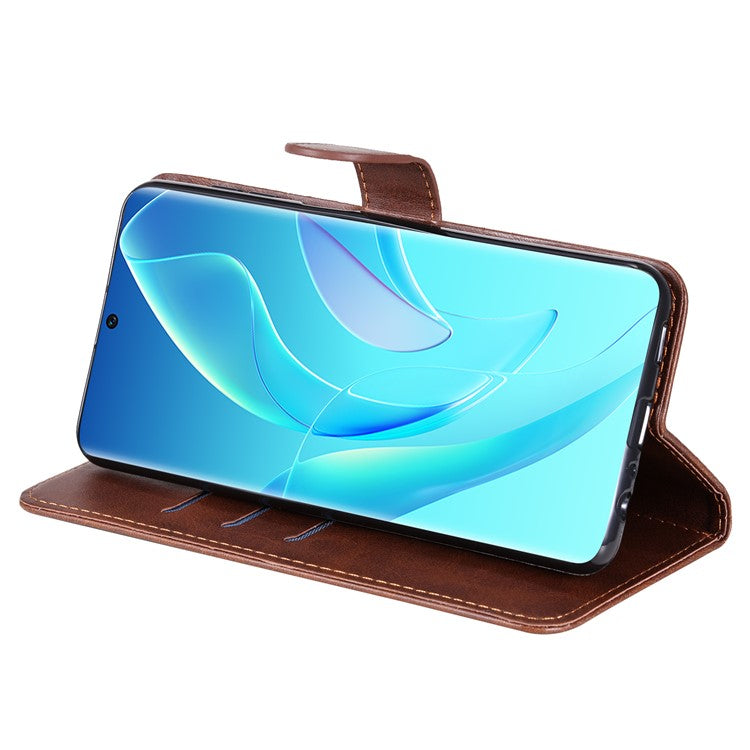 Drop Proof PU Leather Zippered Pocket Phone Case Coin Holder Wallet Stand Folding Case for Honor 60 - Brown
