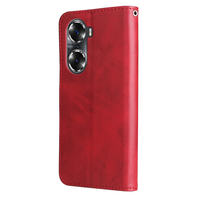 Drop Proof PU Leather Zippered Pocket Phone Case Coin Holder Wallet Stand Folding Case for Honor 60 - Red