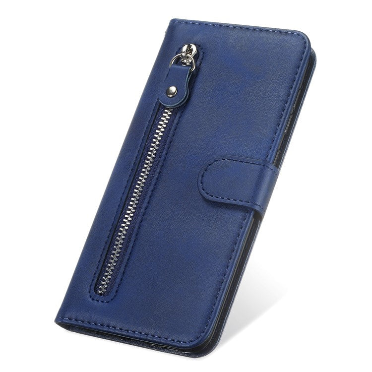Drop Proof PU Leather Zippered Pocket Phone Case Coin Holder Wallet Stand Folding Case for Honor 60 - Blue