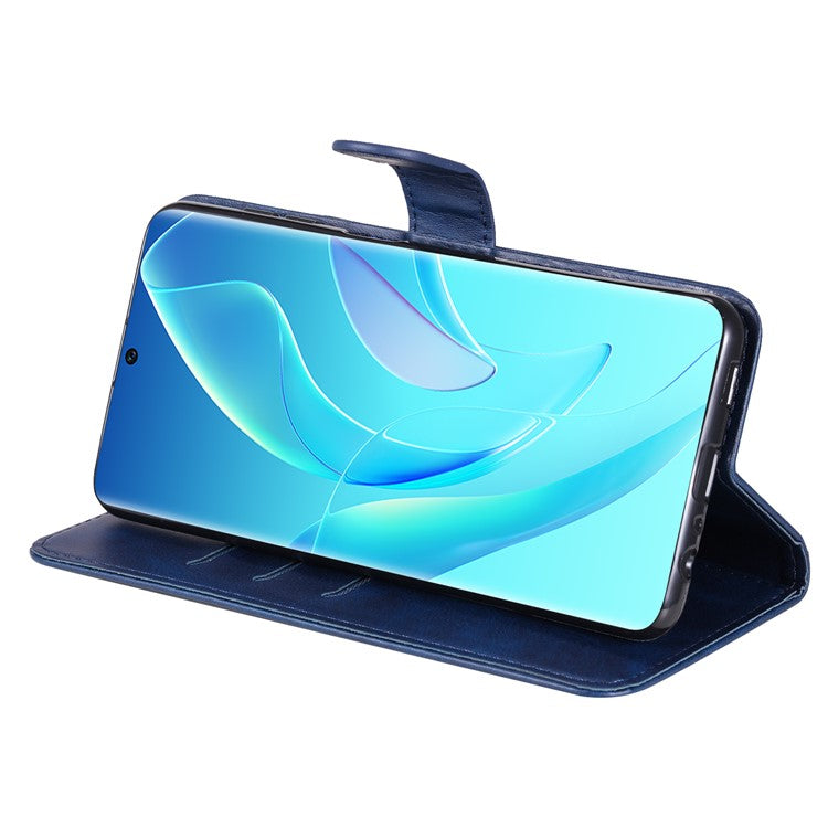 Drop Proof PU Leather Zippered Pocket Phone Case Coin Holder Wallet Stand Folding Case for Honor 60 - Blue