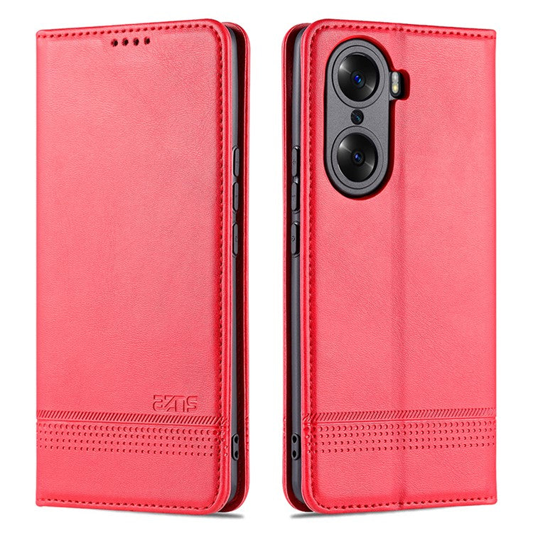 AZNS PU Leather + TPU Wallet Flip Case Magnetic Absorption Folding Stand Protective Cover for Honor 60 Pro - Red