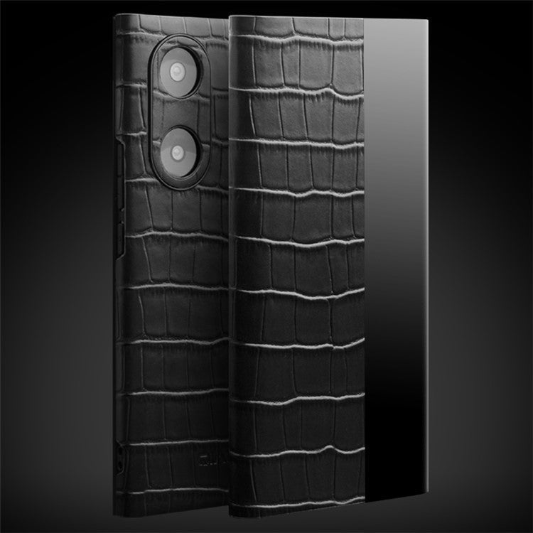 QIALINO For Honor 50 Pro/Huawei nova 9 Pro Crocodile Texture Phone Case Top Layer Cowhide Leather Cover with View Window - Black