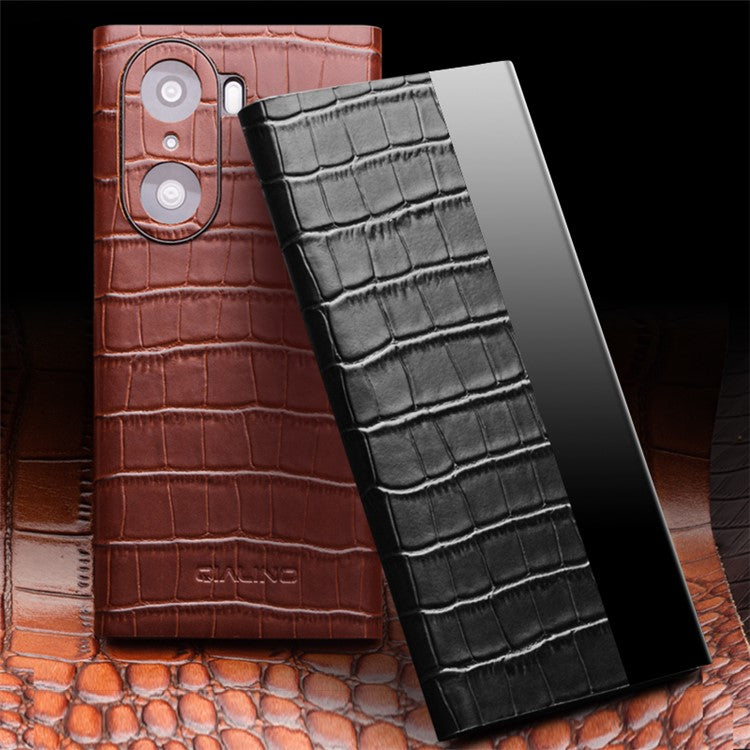 QIALINO Transparent View Window Cowhide Leather Case for Honor 60 Pro, Crocodile Texture Phone Cover - Brown