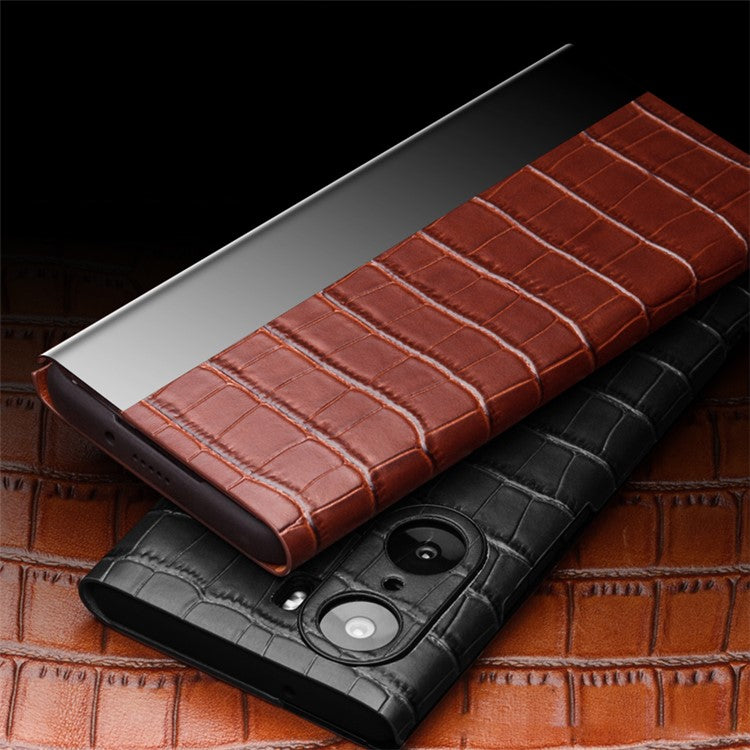 QIALINO Transparent View Window Cowhide Leather Case for Honor 60 Pro, Crocodile Texture Phone Cover - Brown