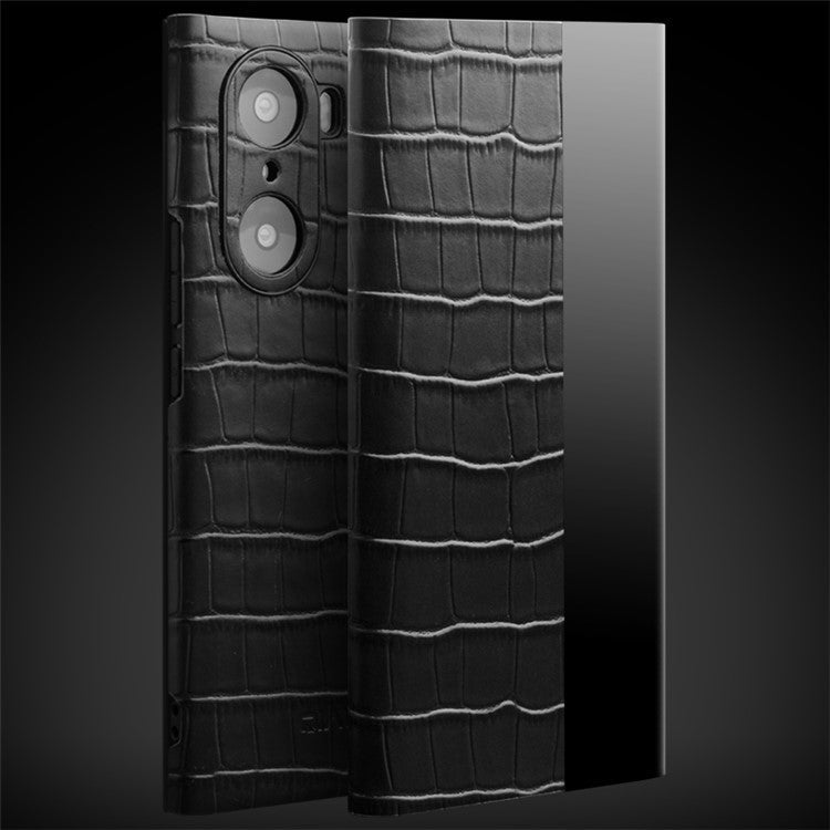 QIALINO Transparent View Window Cowhide Leather Case for Honor 60 Pro, Crocodile Texture Phone Cover - Black