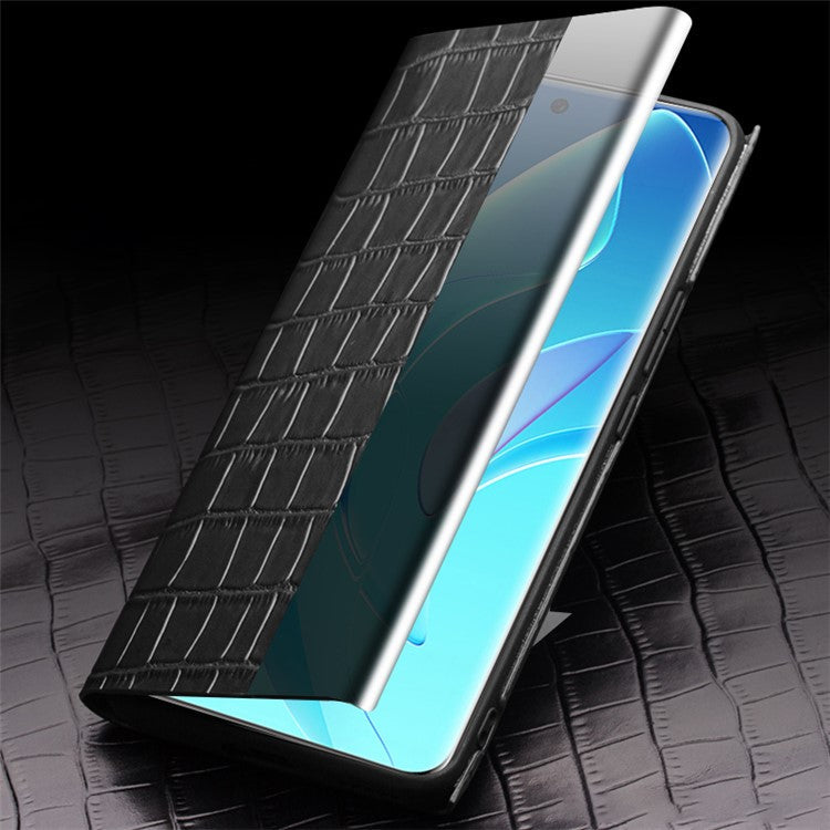 QIALINO Transparent View Window Cowhide Leather Case for Honor 60 Pro, Crocodile Texture Phone Cover - Black