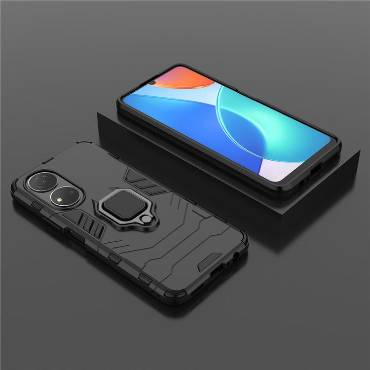 For Honor Play 30 Plus 5G / X7 4G Ring Kickstand Hard PC + Soft TPU Impact-resistant Phone Case - Black
