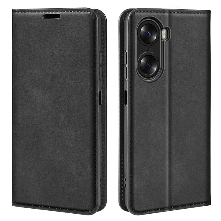 For Honor 60 Skin-touch Feeling PU Leather Flip Wallet Cover Stand Magnetic Adsorption Shockproof Folio Book Case - Black