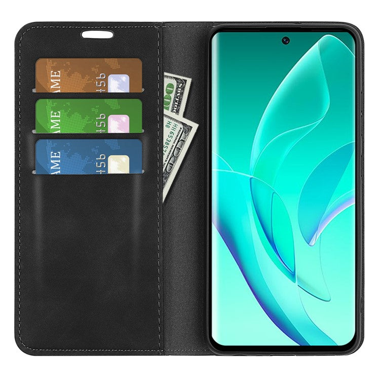 For Honor 60 Skin-touch Feeling PU Leather Flip Wallet Cover Stand Magnetic Adsorption Shockproof Folio Book Case - Black
