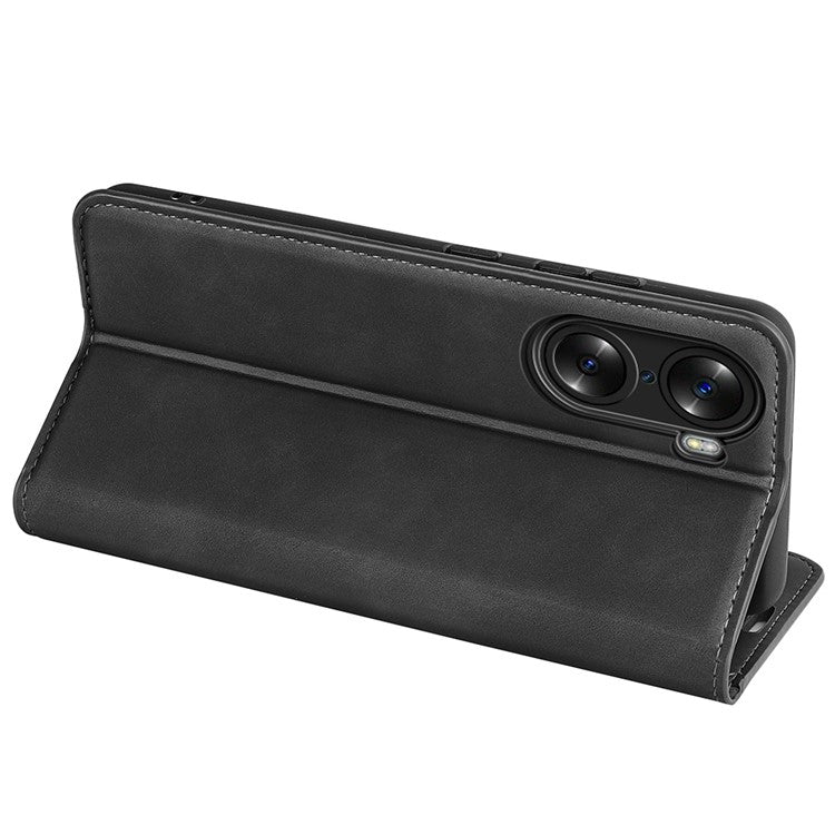 For Honor 60 Skin-touch Feeling PU Leather Flip Wallet Cover Stand Magnetic Adsorption Shockproof Folio Book Case - Black