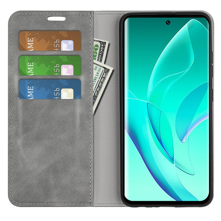 For Honor 60 Skin-touch Feeling PU Leather Flip Wallet Cover Stand Magnetic Adsorption Shockproof Folio Book Case - Grey