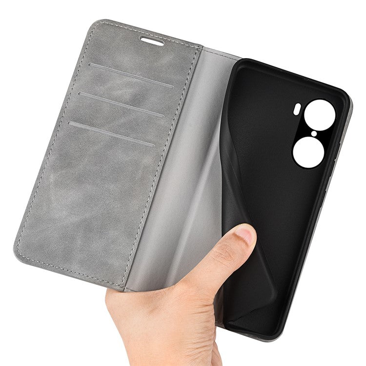 For Honor 60 Skin-touch Feeling PU Leather Flip Wallet Cover Stand Magnetic Adsorption Shockproof Folio Book Case - Grey