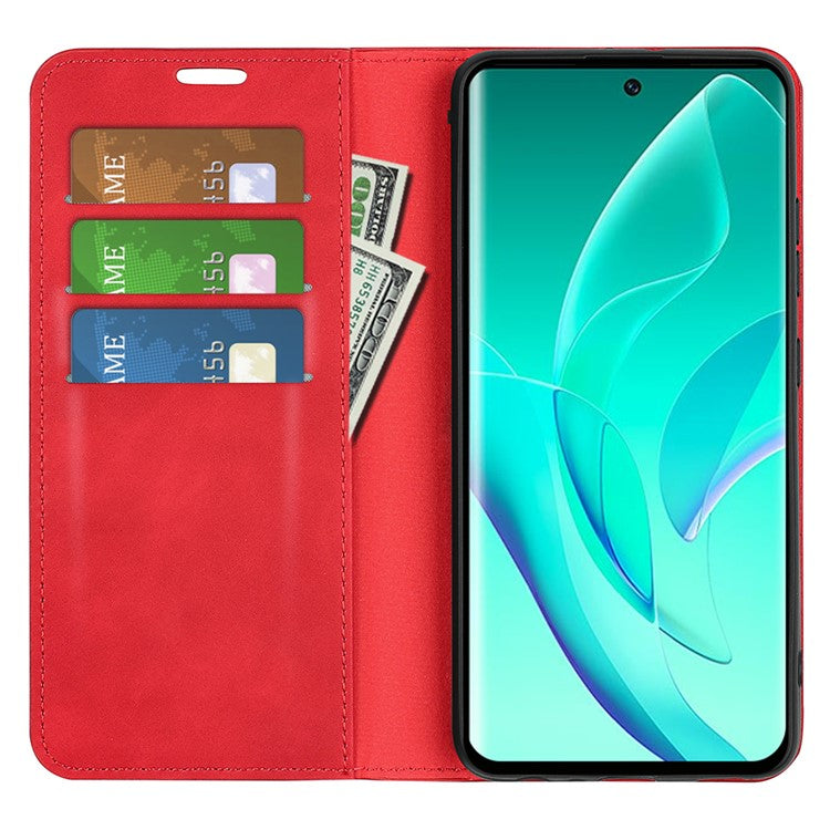 For Honor 60 Skin-touch Feeling PU Leather Flip Wallet Cover Stand Magnetic Adsorption Shockproof Folio Book Case - Red