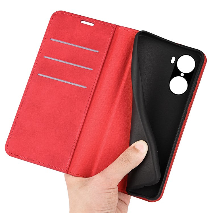 For Honor 60 Skin-touch Feeling PU Leather Flip Wallet Cover Stand Magnetic Adsorption Shockproof Folio Book Case - Red