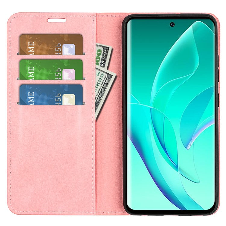 For Honor 60 Skin-touch Feeling PU Leather Flip Wallet Cover Stand Magnetic Adsorption Shockproof Folio Book Case - Pink