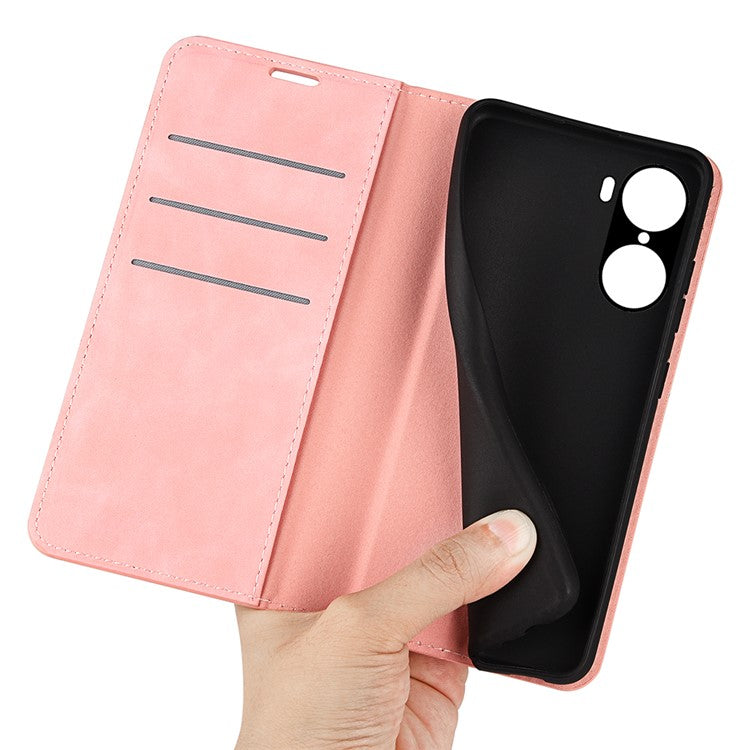 For Honor 60 Skin-touch Feeling PU Leather Flip Wallet Cover Stand Magnetic Adsorption Shockproof Folio Book Case - Pink