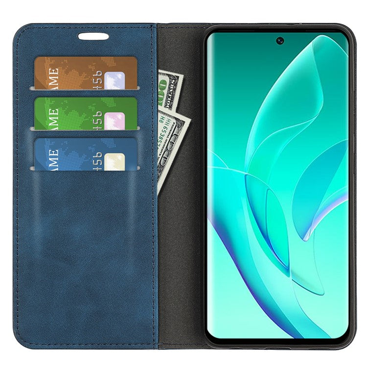 For Honor 60 Skin-touch Feeling PU Leather Flip Wallet Cover Stand Magnetic Adsorption Shockproof Folio Book Case - Blue