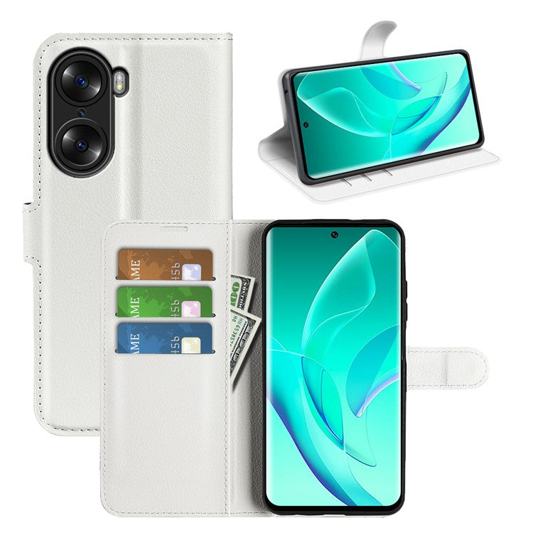 PU Leather Case for Honor 60, Litchi Texture Folding Stand Wallet Flip Cover with Magnetic Clasp - White
