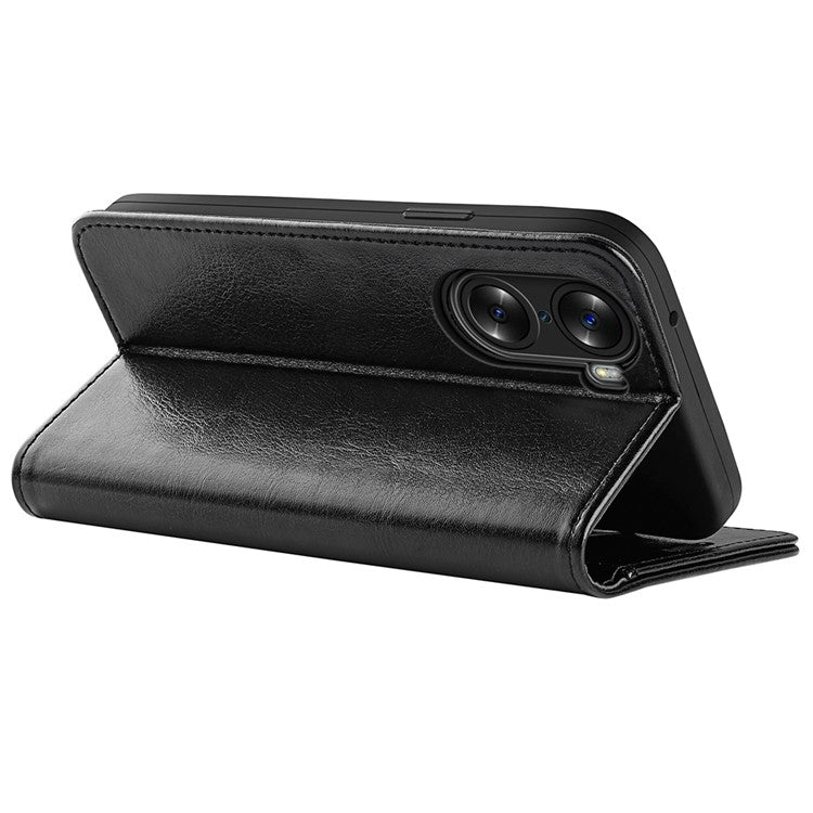 For Honor 60 Wallet Phone Case Magnetic Premium Crazy Horse Texture PU Leather Folio Flip Cover with Folding Stand - Black