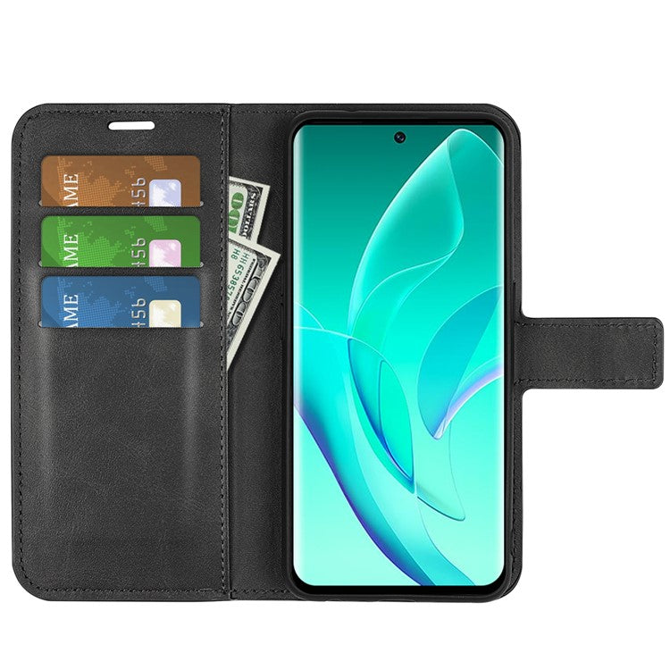 For Honor 60 Textured PU Leather TPU Interior Protective Case Stand Folio Flip Wallet Phone Cover - Black