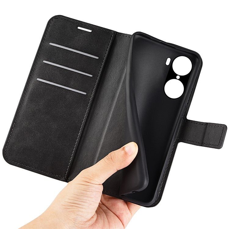 For Honor 60 Textured PU Leather TPU Interior Protective Case Stand Folio Flip Wallet Phone Cover - Black