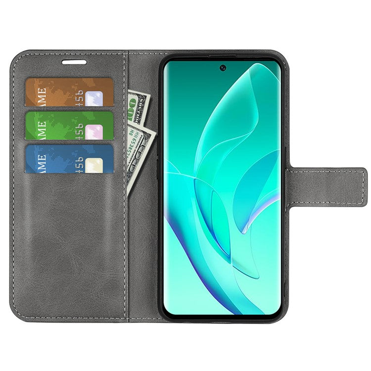 For Honor 60 Textured PU Leather TPU Interior Protective Case Stand Folio Flip Wallet Phone Cover - Grey
