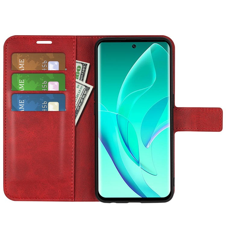 For Honor 60 Textured PU Leather TPU Interior Protective Case Stand Folio Flip Wallet Phone Cover - Red