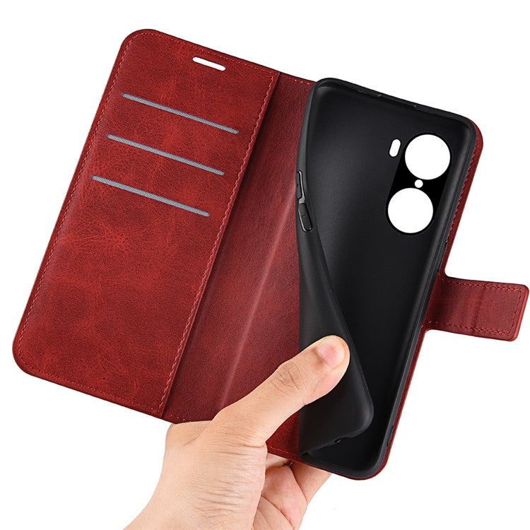 For Honor 60 Textured PU Leather TPU Interior Protective Case Stand Folio Flip Wallet Phone Cover - Red