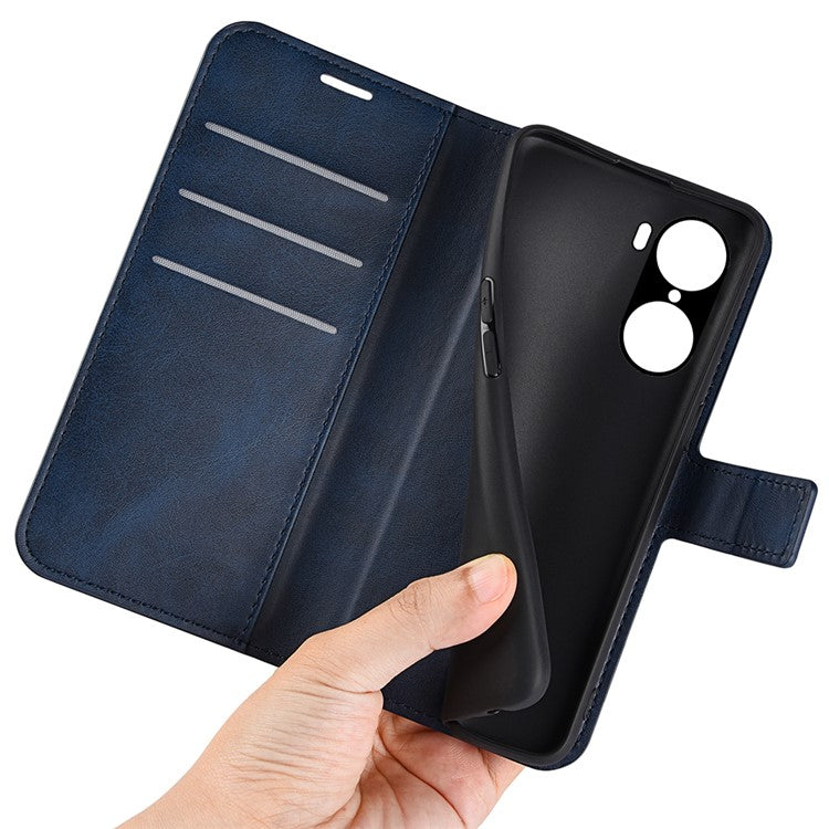 For Honor 60 Textured PU Leather TPU Interior Protective Case Stand Folio Flip Wallet Phone Cover - Blue
