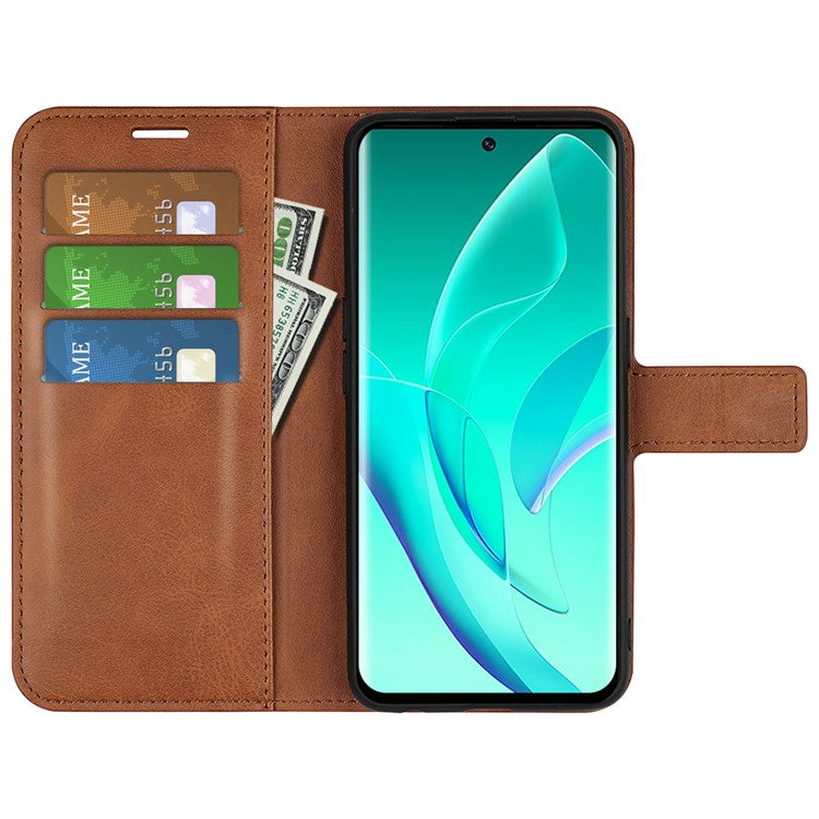 For Honor 60 Textured PU Leather TPU Interior Protective Case Stand Folio Flip Wallet Phone Cover - Light Brown