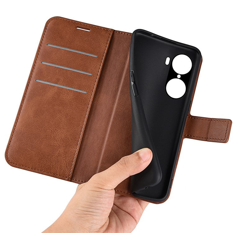 For Honor 60 Textured PU Leather TPU Interior Protective Case Stand Folio Flip Wallet Phone Cover - Light Brown