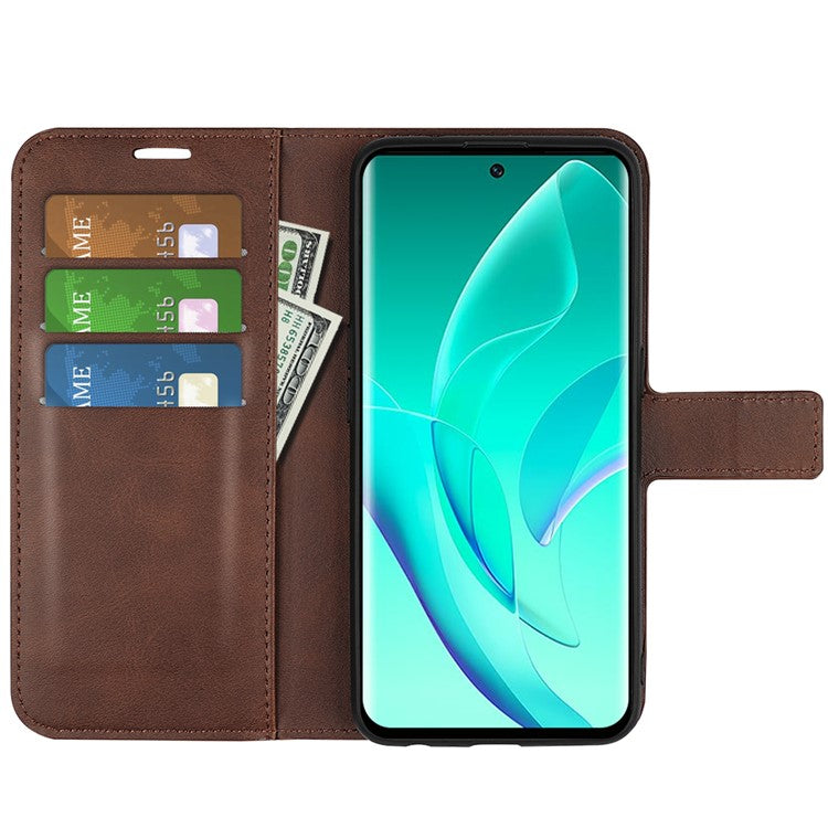For Honor 60 Textured PU Leather TPU Interior Protective Case Stand Folio Flip Wallet Phone Cover - Brown
