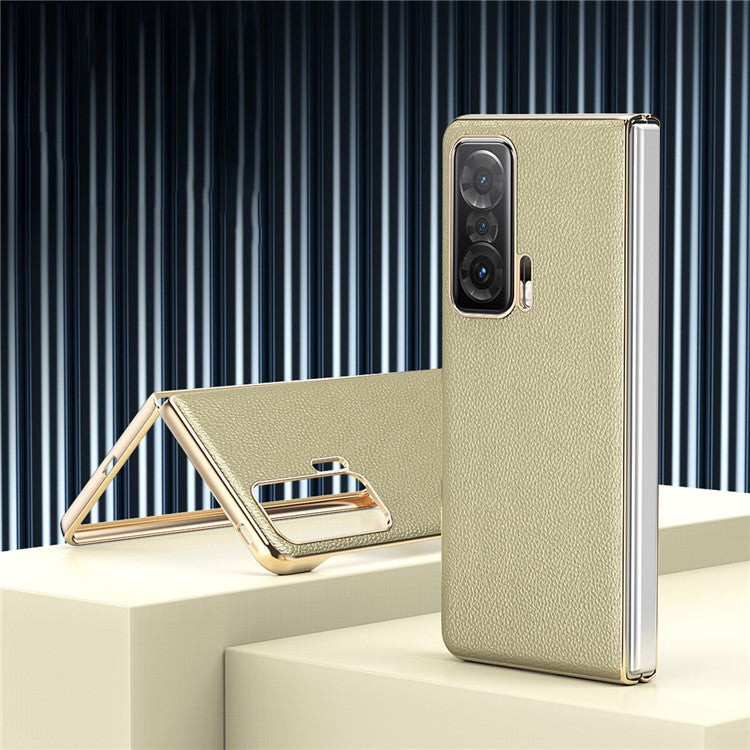 For Honor Magic V Electroplating Frame PU Leather Coated PC Cover Folding Phone Case - Gold