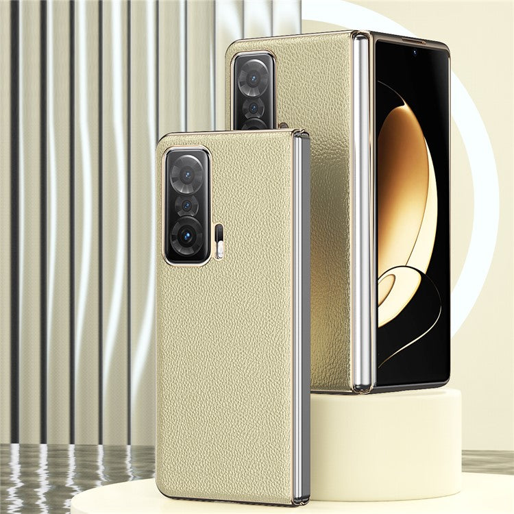 For Honor Magic V Electroplating Frame PU Leather Coated PC Cover Folding Phone Case - Gold