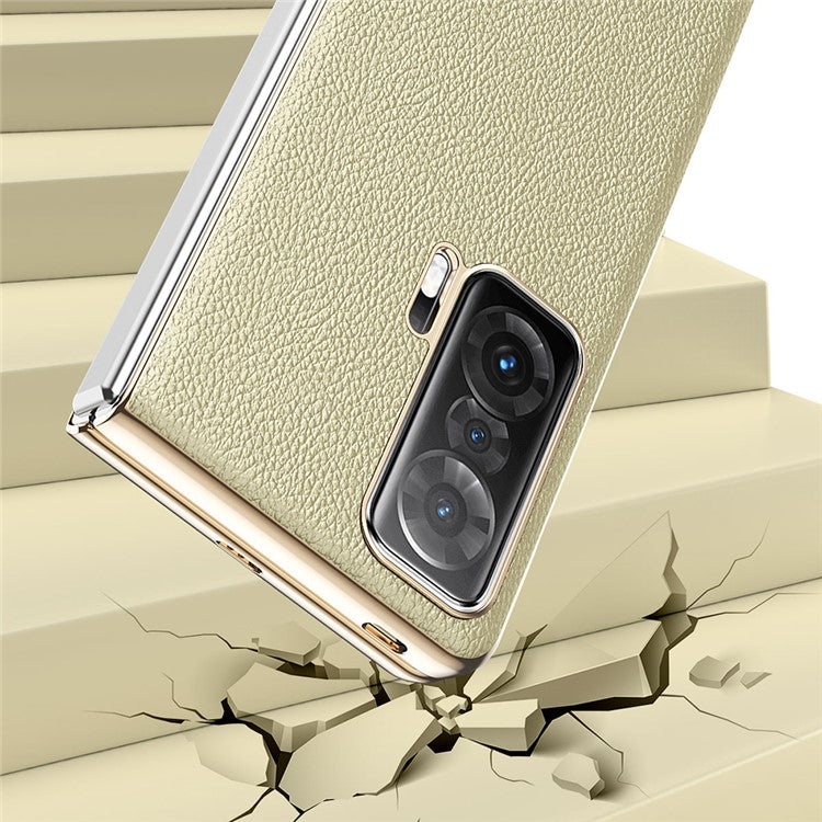 For Honor Magic V Electroplating Frame PU Leather Coated PC Cover Folding Phone Case - Gold