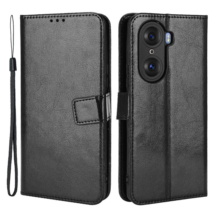 For Honor 60 Shockproof Crazy Horse Leather Phone Shell Wallet Stand Function Protector with Handy Strap - Black