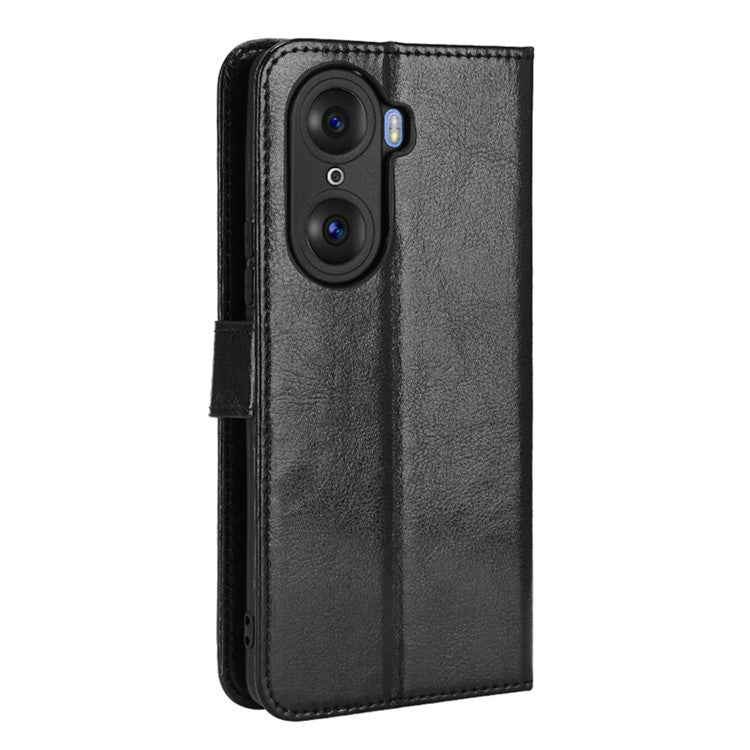 For Honor 60 Shockproof Crazy Horse Leather Phone Shell Wallet Stand Function Protector with Handy Strap - Black
