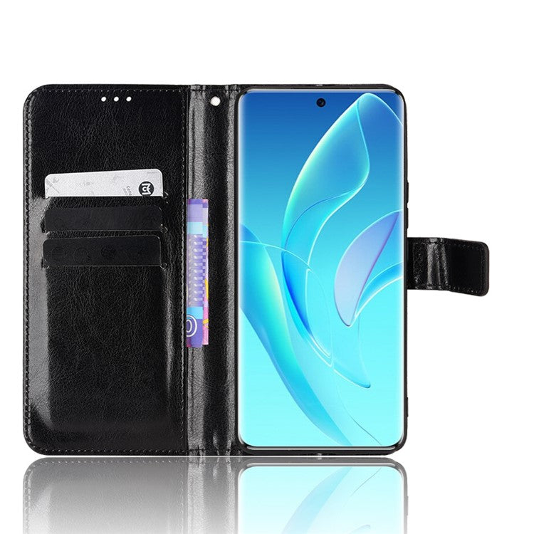 For Honor 60 Shockproof Crazy Horse Leather Phone Shell Wallet Stand Function Protector with Handy Strap - Black