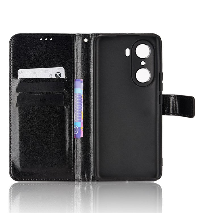 For Honor 60 Shockproof Crazy Horse Leather Phone Shell Wallet Stand Function Protector with Handy Strap - Black