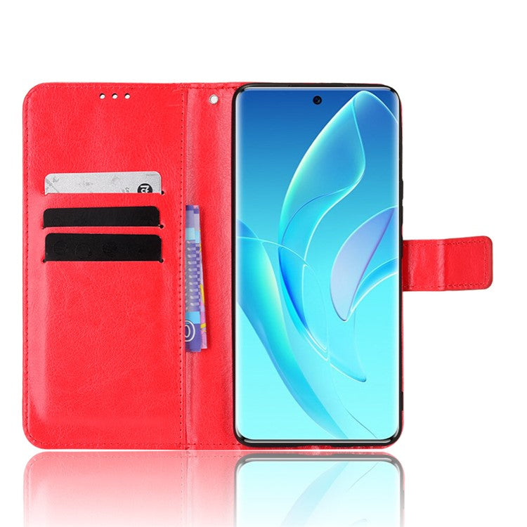 For Honor 60 Shockproof Crazy Horse Leather Phone Shell Wallet Stand Function Protector with Handy Strap - Red