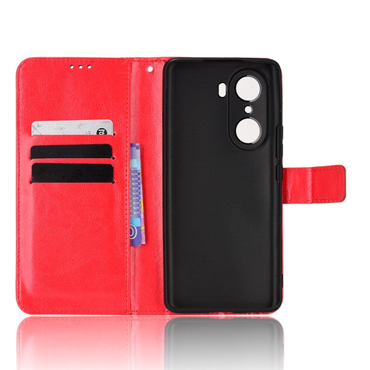 For Honor 60 Shockproof Crazy Horse Leather Phone Shell Wallet Stand Function Protector with Handy Strap - Red