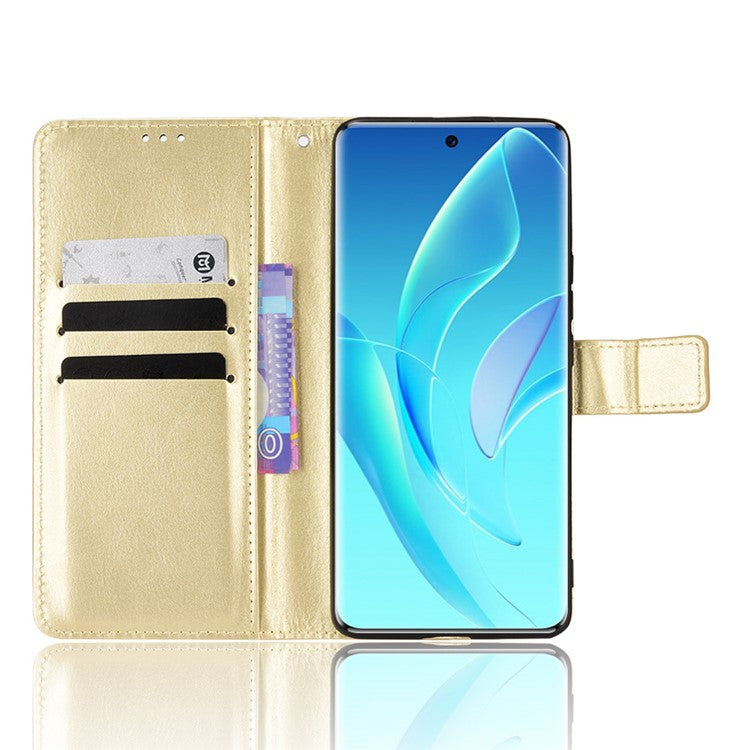 For Honor 60 Shockproof Crazy Horse Leather Phone Shell Wallet Stand Function Protector with Handy Strap - Gold