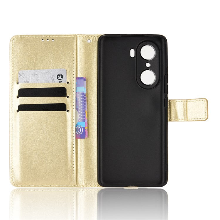 For Honor 60 Shockproof Crazy Horse Leather Phone Shell Wallet Stand Function Protector with Handy Strap - Gold