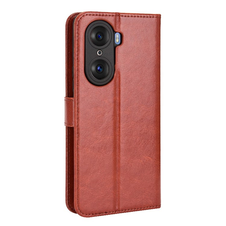 For Honor 60 Shockproof Crazy Horse Leather Phone Shell Wallet Stand Function Protector with Handy Strap - Brown