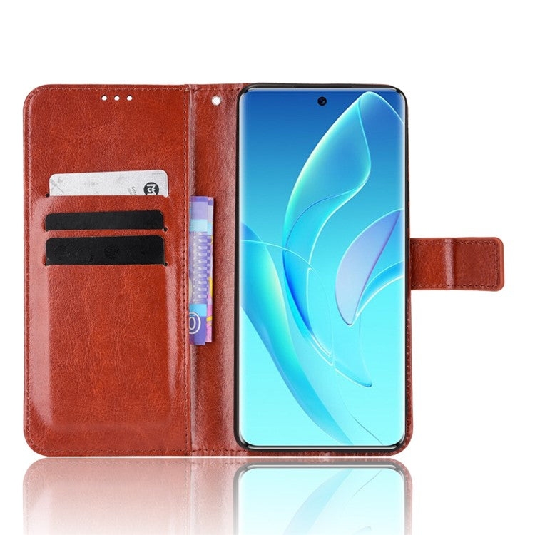 For Honor 60 Shockproof Crazy Horse Leather Phone Shell Wallet Stand Function Protector with Handy Strap - Brown